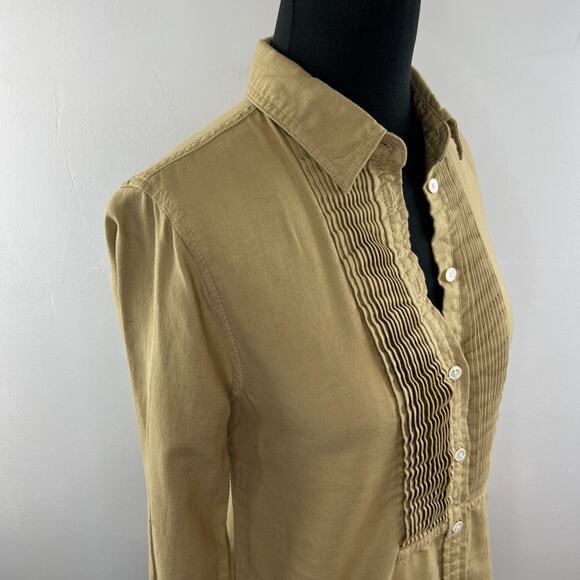 J Crew Tuxedo Plaid Front Pleated Button Down Shirt Blouse Mustard Brown 0 XS - Picture 3 of 9